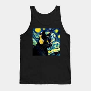 Starry Night Black Cat Wearing Headphones Tank Top